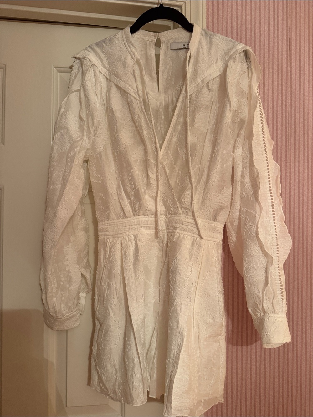 IRO white Textured Romper with V-Neck and Lace Details
